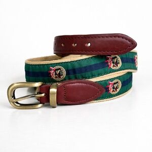 YRI Seminole Golf Club Needlepoint Mens Belt Green Leather Sz 36 Ribbon Canvas